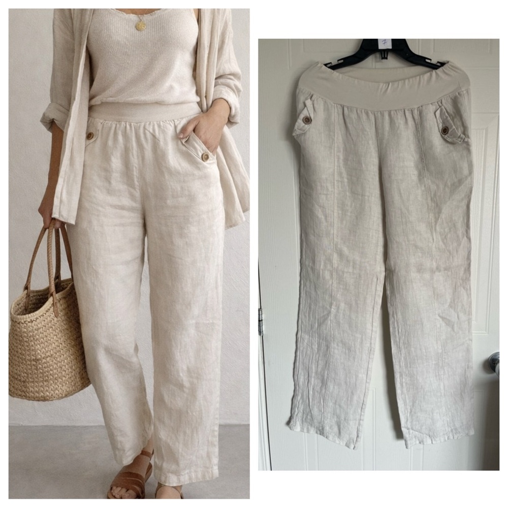 Cream Linen Elastic Waist Pants M Coastal Grandma Lagenlook